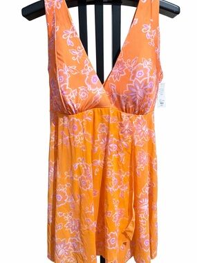 Orange Floral V-Neck swimsuit with Pink Accents